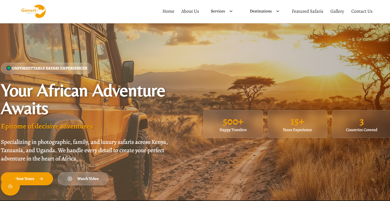 A screenshot of the Gamers Safari website, showing a vibrant design with gaming imagery.