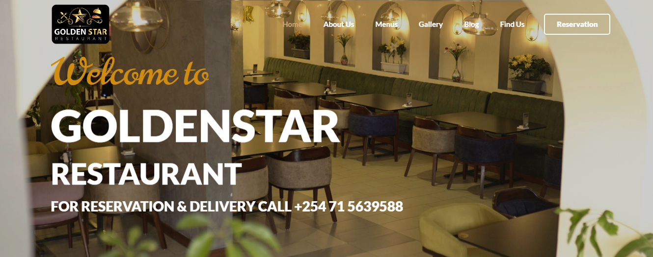 The Golden Restaurant website with an elegant design, showcasing photos of fine dining.
