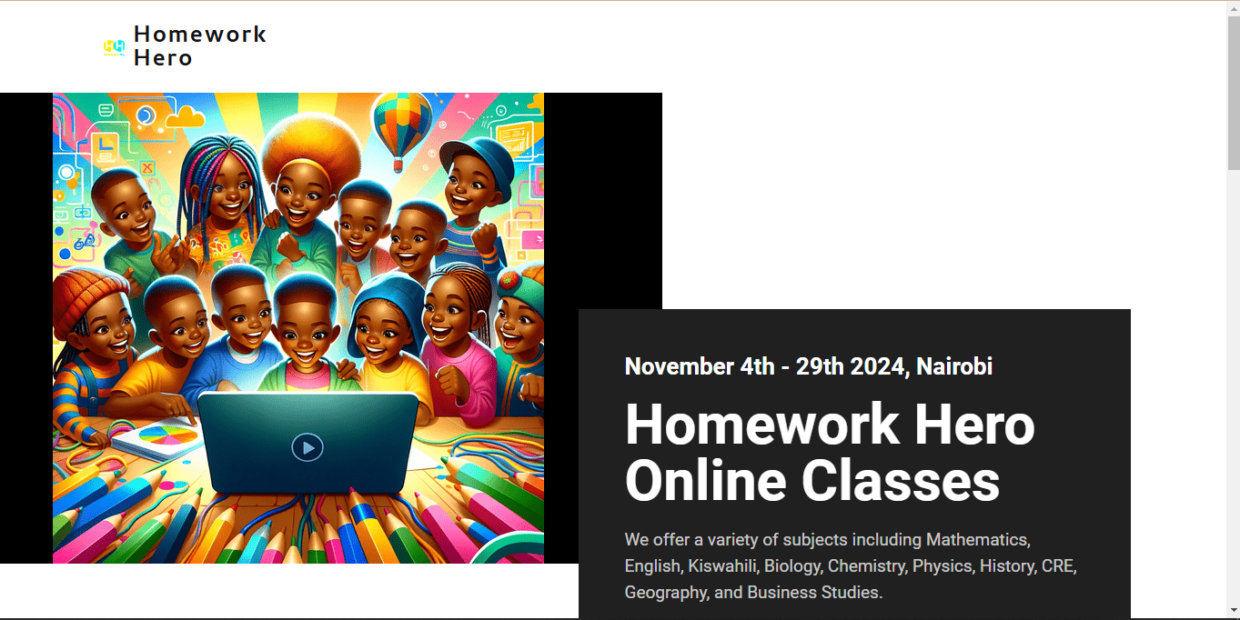 The Homework Hero website homepage, featuring a friendly and encouraging design for students.